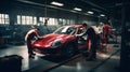 Factory construction engineering works of a modern red sport car in big workshop. Generative AI Royalty Free Stock Photo