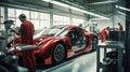 Factory construction engineering works of a modern red sport car in big workshop. Generative AI Royalty Free Stock Photo