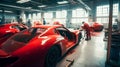 Factory construction engineering works of a modern red sport car in big workshop. Generative AI Royalty Free Stock Photo