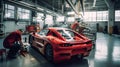 Factory construction engineering works of a modern red sport car in big workshop. Generative AI Royalty Free Stock Photo