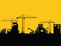 Factory construction site mobile cranes city silhouette