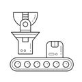 Factory conveyor loading parcel vector line icon.