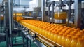 Factory Conveyor System with Bottles of Fresh Orange Juice - Generative AI