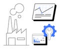 Factory with data charts and gear symbolizing industrial analytics and process optimization Royalty Free Stock Photo