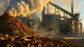 A factory emits dark smoke as it transforms leftover wood chips into biomass fuel harnessing renewable resources to Royalty Free Stock Photo