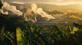 A factory emitting clean renewable energy into the air above a lush landscape demonstrating how responsible biofuel