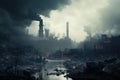 A factory emitting heavy smoke looms next to a body of water, creating an alarming visual impact, industrial landscape with heavy