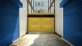 Factory entrance with yellow shutter,blue rolling door