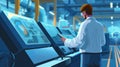 A factory floor manager consults a futuristiclooking tablet which displays live updates from an AIpowered predictive Royalty Free Stock Photo