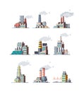 Factory. Industrial buildings smoke modern plants vector flat illustrations
