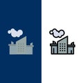 Factory, Industry, Landscape, Pollution  Icons. Flat and Line Filled Icon Set Vector Blue Background Royalty Free Stock Photo