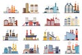 Factory industry manufactory power electricity buildings flat icons set isolated. Urban factory plant landscape vector