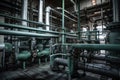 A factory interior with a maze of pipes, valves, and gauges