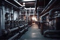 A factory interior with a maze of pipes, valves, and gauges