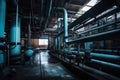 A factory interior with a maze of pipes, valves, and gauges