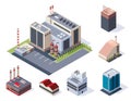 Factory isometric. Concept of industrial working plants with chimney tower. Industrial buldings. 3d isolated icons set Royalty Free Stock Photo