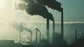 A factory with large smokestacks emitting thick dark smoke into the atmosphere. In the foreground a banner reads Food Royalty Free Stock Photo