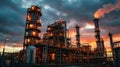 Factory in lights at sunset, scenery of oil and gas refinery plant or petrochemical industry. Chemical petroleum industrial Royalty Free Stock Photo