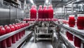 A factory line of glass jars filled with red liquid