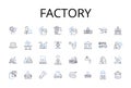 Factory line icons collection. Plantation, Workshop, Foundry, Forge, Assembly line, Manufacturer, Production house