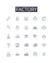 Factory line icons collection. Plantation, Workshop, Foundry, Forge, Assembly line, Manufacturer, Production house Royalty Free Stock Photo