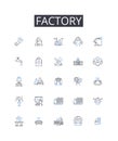 Factory line icons collection. Plantation, Workshop, Foundry, Forge, Assembly line, Manufacturer, Production house