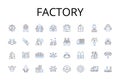 Factory line icons collection. Plantation, Workshop, Foundry, Forge, Assembly line, Manufacturer, Production house