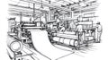 Factory Workers Operating Machinery in a Plant, Industrial Production Sketch Royalty Free Stock Photo