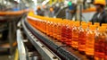 A factory line with workers packaging bottles filled with liquid, ready for distribution Royalty Free Stock Photo