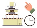Factory Machine with Control Panel, Hand Gesture, and Clock Indicating Process Workflow Royalty Free Stock Photo