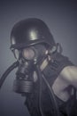 Factory, Man with black gas mask, pollution concept and ecologic