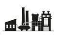 Factory, manufactury and plants vector set. Oil refinery. Factory silhouette icons. Industrial warehouse.