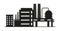 Factory, manufactury and plants vector set. Oil refinery. Factory silhouette icons. Industrial warehouse.