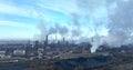 Factory metal steel processing hot, dron aerial video shot, smoke chimneys rises black poison, smog in city Ostrava