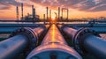 Factory pipeline and buildings at sunset, crude gas and oil pipes of refinery plant or petrochemical industry. Scenery of steel