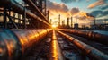 Factory pipeline at sunset, crude gas and oil pipes of refinery plant or petrochemical industry. Perspective view of industrial