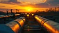 Factory pipeline at sunset, crude gas and oil pipes of refinery plant or petrochemical industry. Scenery of steel industrial tube Royalty Free Stock Photo