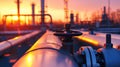 Factory pipeline at sunset, crude gas and oil pipes of refinery plant or petrochemical industry. Scenery of steel industrial tube Royalty Free Stock Photo