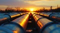 Factory pipeline at sunset, natural gas and oil pipes of refinery plant or petrochemical industry. Perspective view of steel