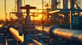 Factory pipeline with valve at sunset, crude gas and oil pipes of refinery plant or petrochemical industry. Scenery of steel tube Royalty Free Stock Photo