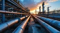 Factory pipelines at sunset, crude gas and oil pipes of refinery plant or petrochemical industry. Perspective view of steel Royalty Free Stock Photo