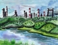 Factory Pipes. Industrial City. River, Green Trees