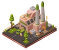 Factory plant isometric 3D vector illustration of modern industrial warehouse and logistics transport vehicles