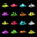 Factory and plant neon icons in set collection for design. Production and enterprise vector isometric symbol stock web