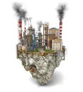 A factory that pollute the sky is ripped off on the floating island, isolated on a white background,