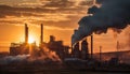 Factory pollution fuels the sunset environment with chimney smoke fumes generated by AI Royalty Free Stock Photo