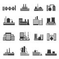 Factory power electricity industry manufactory buildings set of vector icons