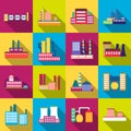 Factory power electricity industry manufactory buildings set of vector icons in flat Royalty Free Stock Photo