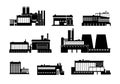 Factory, power and manufacturing plant black silhouette icons isolated. Heavy industry vector symbols