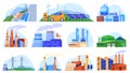 Factory power plants set of industrial constructions, urban enviroment, manufacturing stations isolated vector Royalty Free Stock Photo